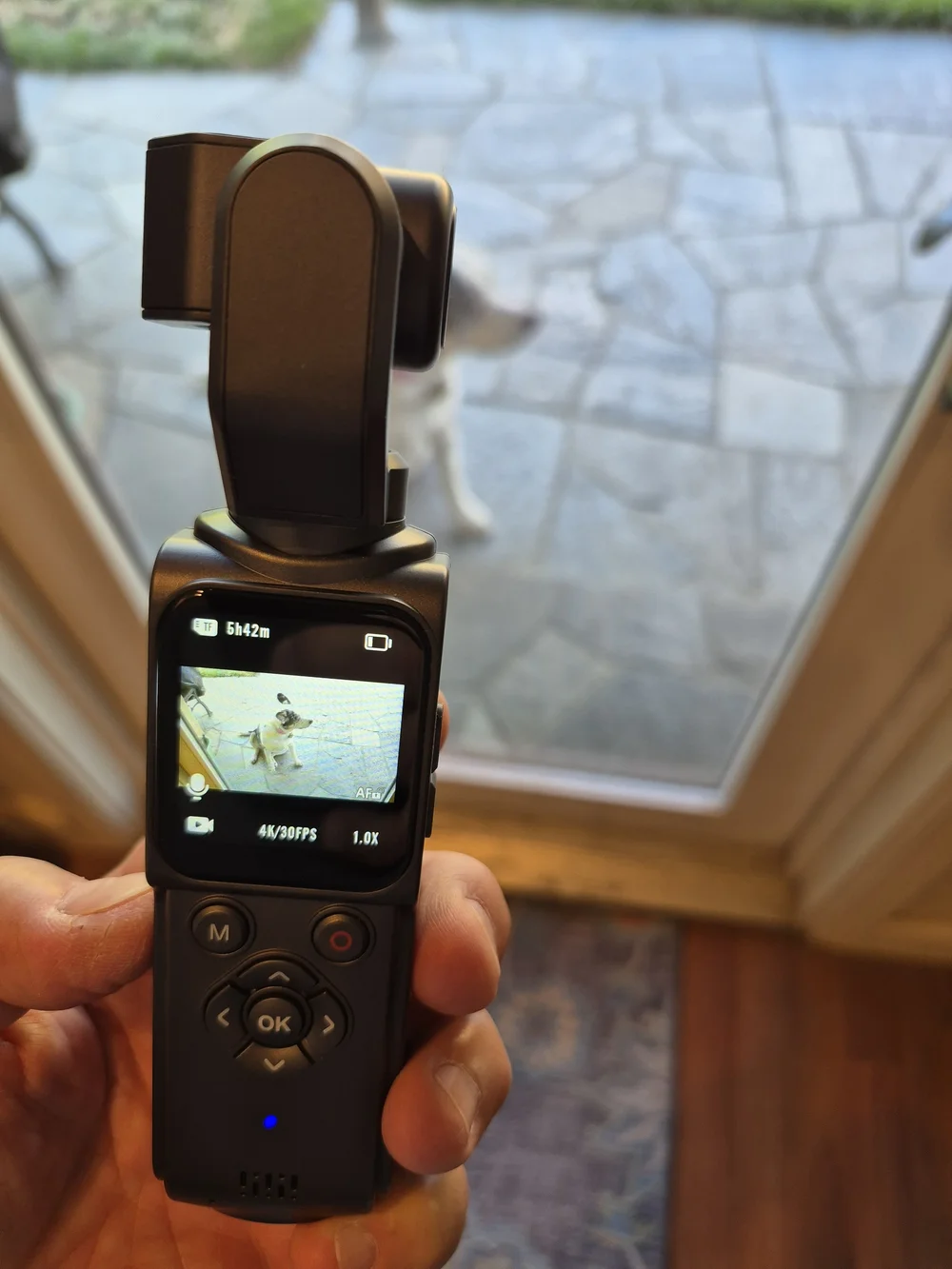 Handheld 4K Ultra HD Black Video Camera with Two-Axis Gimbal.